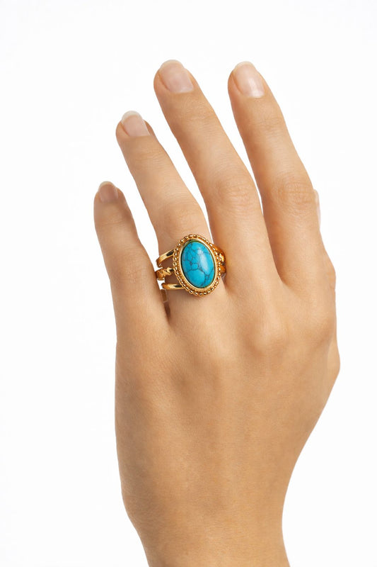 Anello in Acciaio Dorato con Pietra Naturale