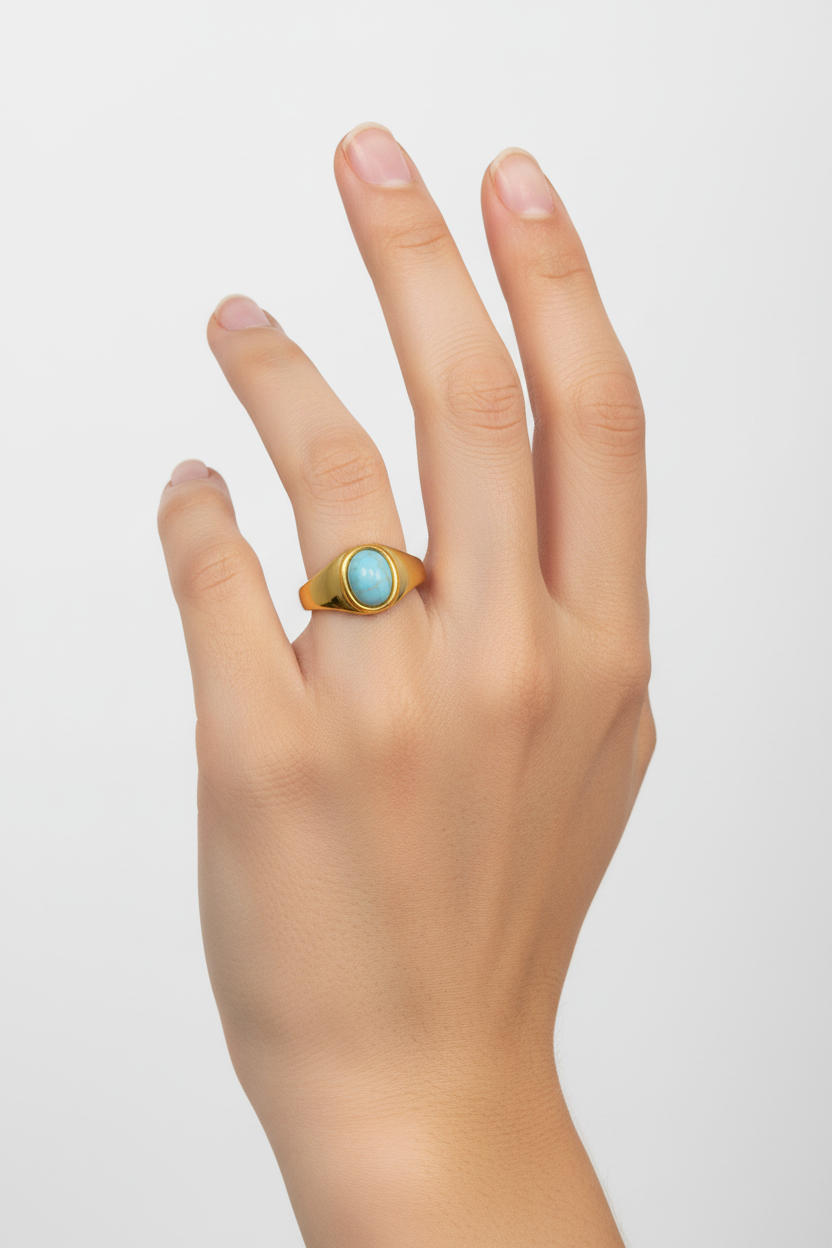 Anello in Acciaio Dorato con Pietra Naturale