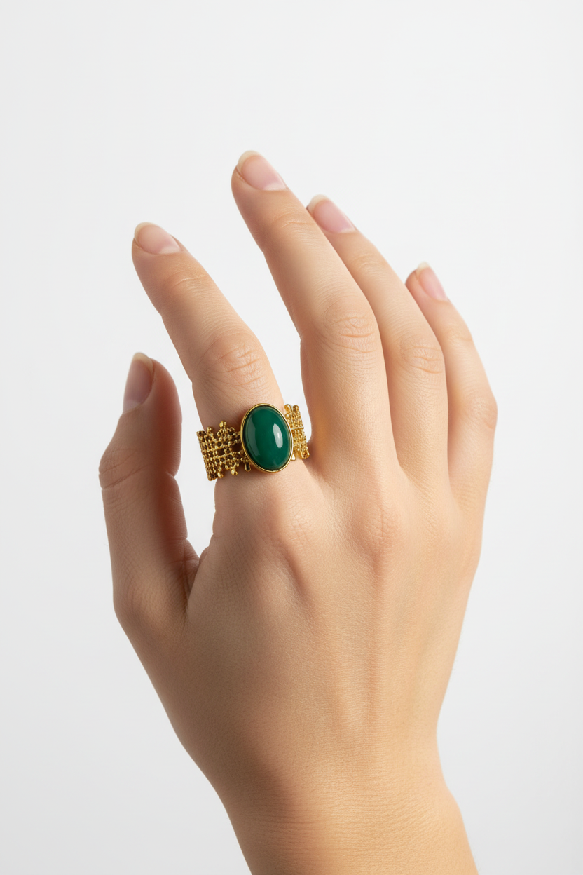 Anello in Acciaio Dorato con Pietra Naturale