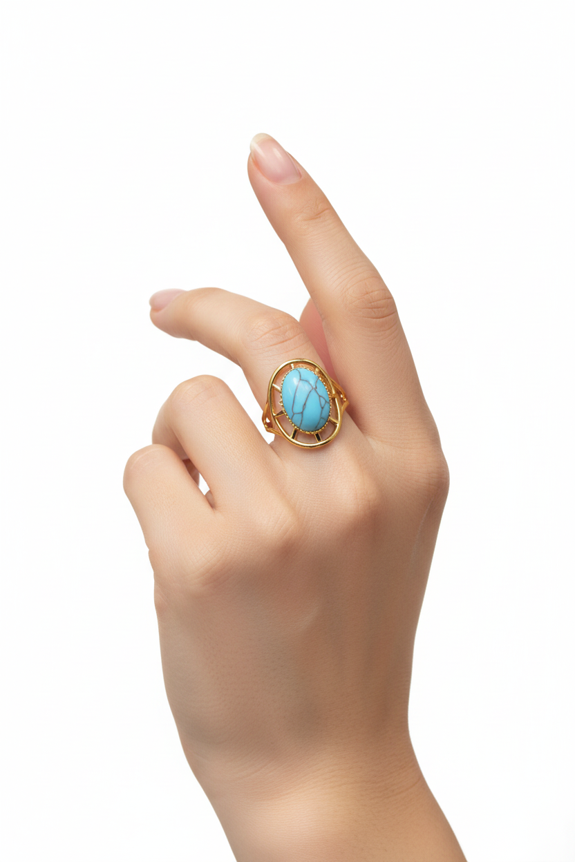 Anello in Acciaio Dorato con Pietra Naturale