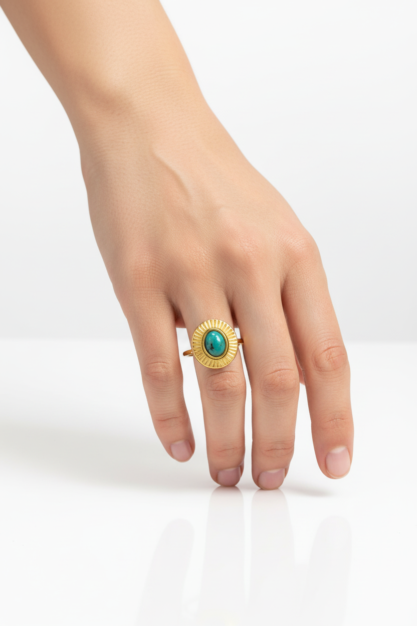 Anello in Acciaio Dorato con Pietra Naturale