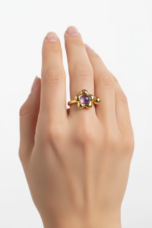 Anello in Acciaio Dorato con Pietra Naturale
