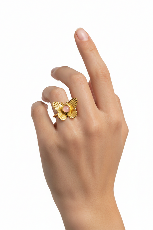 Anello in Acciaio Dorato con Pietra Naturale
