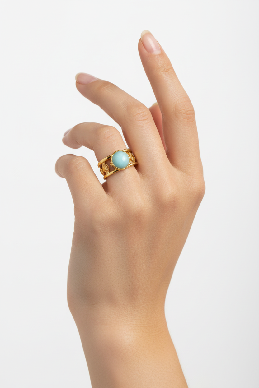 Anello in Acciaio Dorato con Pietra Naturale