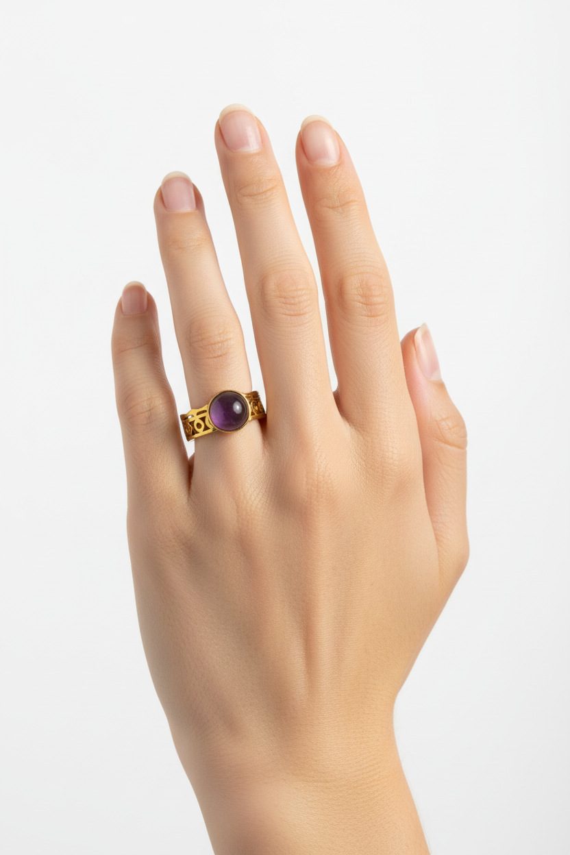 Anello in Acciaio Dorato con Pietra Naturale