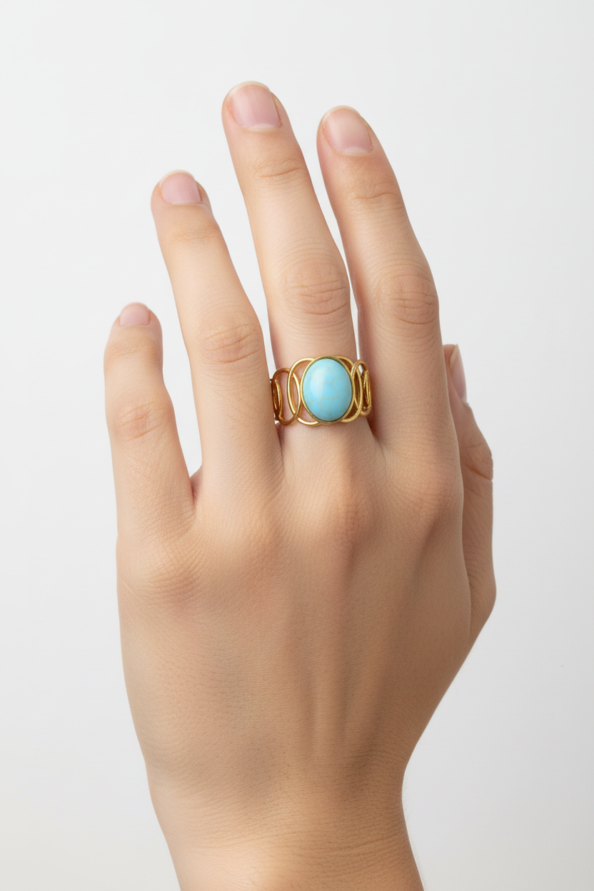 Anello in Acciaio Dorato con Pietra Naturale