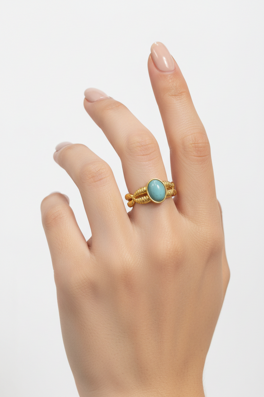 Anello in Acciaio Dorato con Pietra Naturale