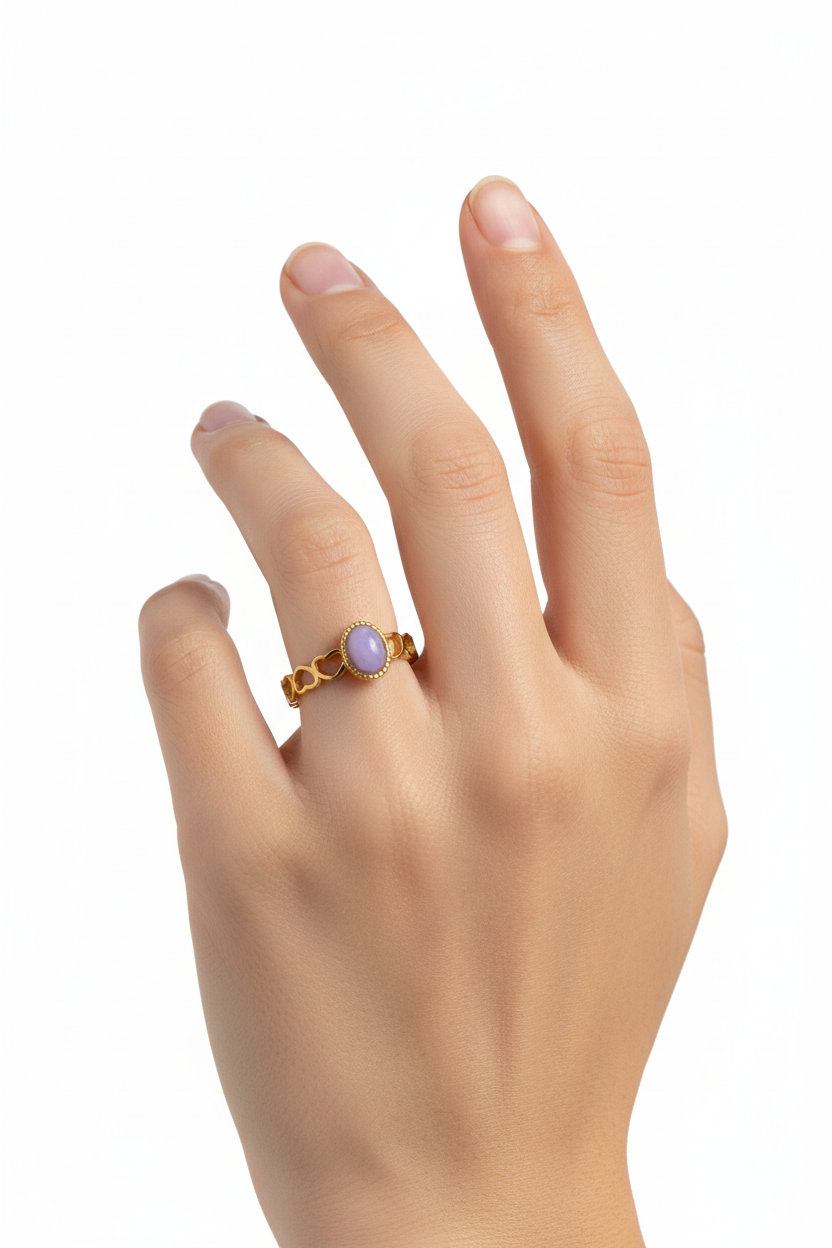 Anello in Acciaio Dorato con Pietra Naturale