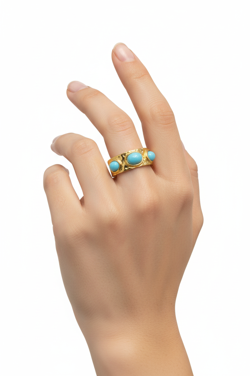 Anello in Acciaio Dorato con Pietra Naturale