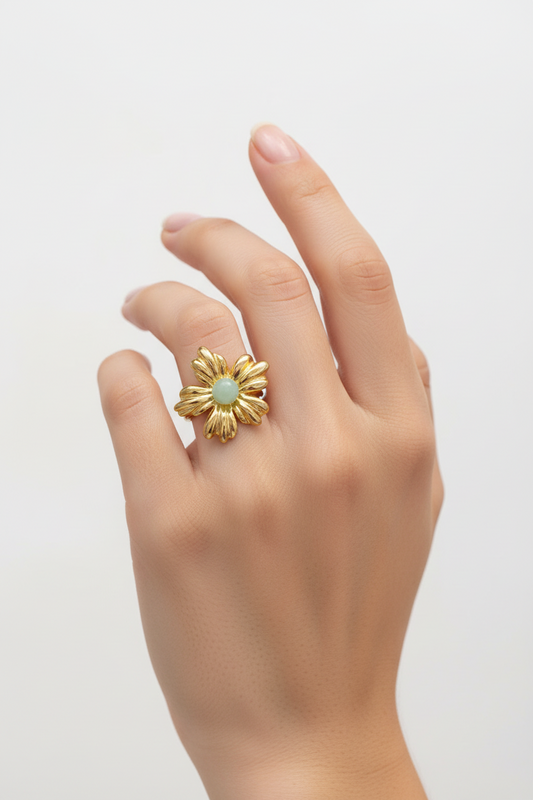 Anello in Acciaio Dorato con Pietra Naturale