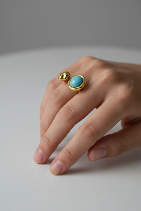 Anello in Acciaio Dorato con Pietra Naturale