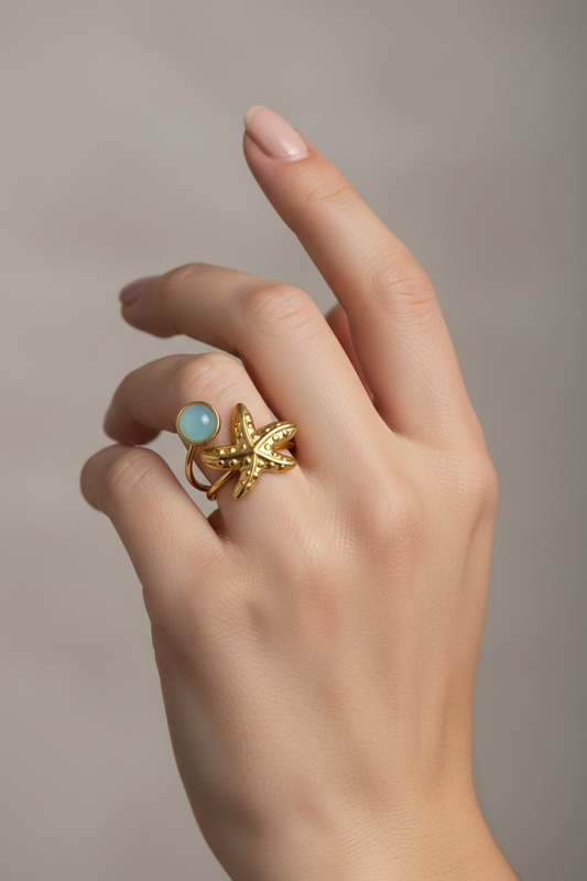 Anello in Acciaio Dorato con Pietra Naturale