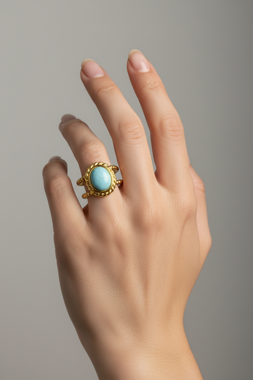 Anello in Acciaio Dorato con Pietra Naturale