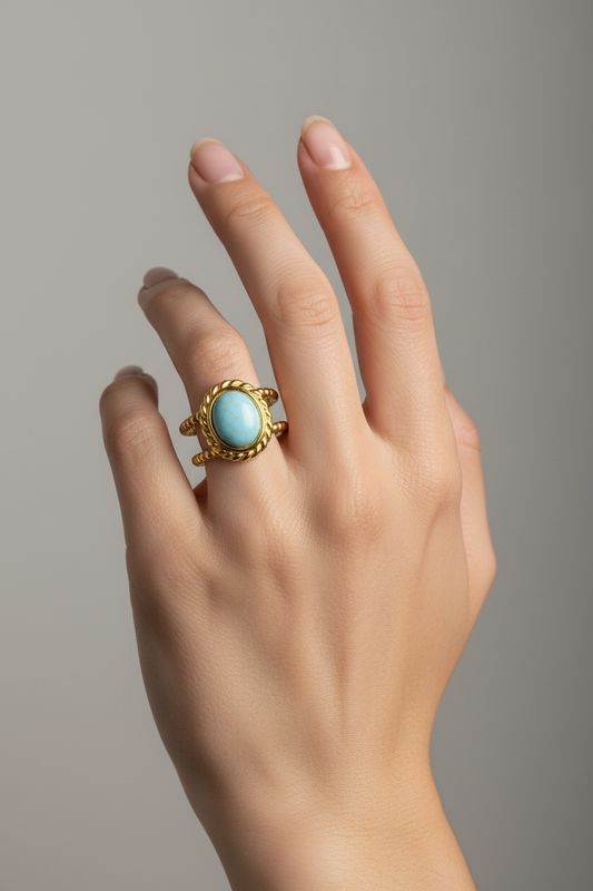 Anello in Acciaio Dorato con Pietra Naturale