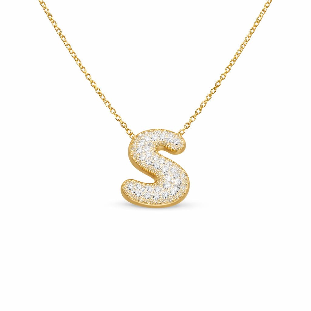 Collana in Acciaio con Iniziale a Bolla e Zirconia – Ciondolo Lettera Alfabeto Brillante