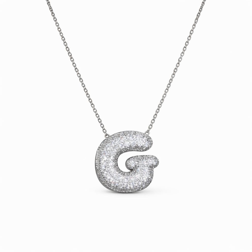 Collana in Acciaio con Iniziale a Bolla e Zirconia – Ciondolo Lettera Alfabeto Brillante