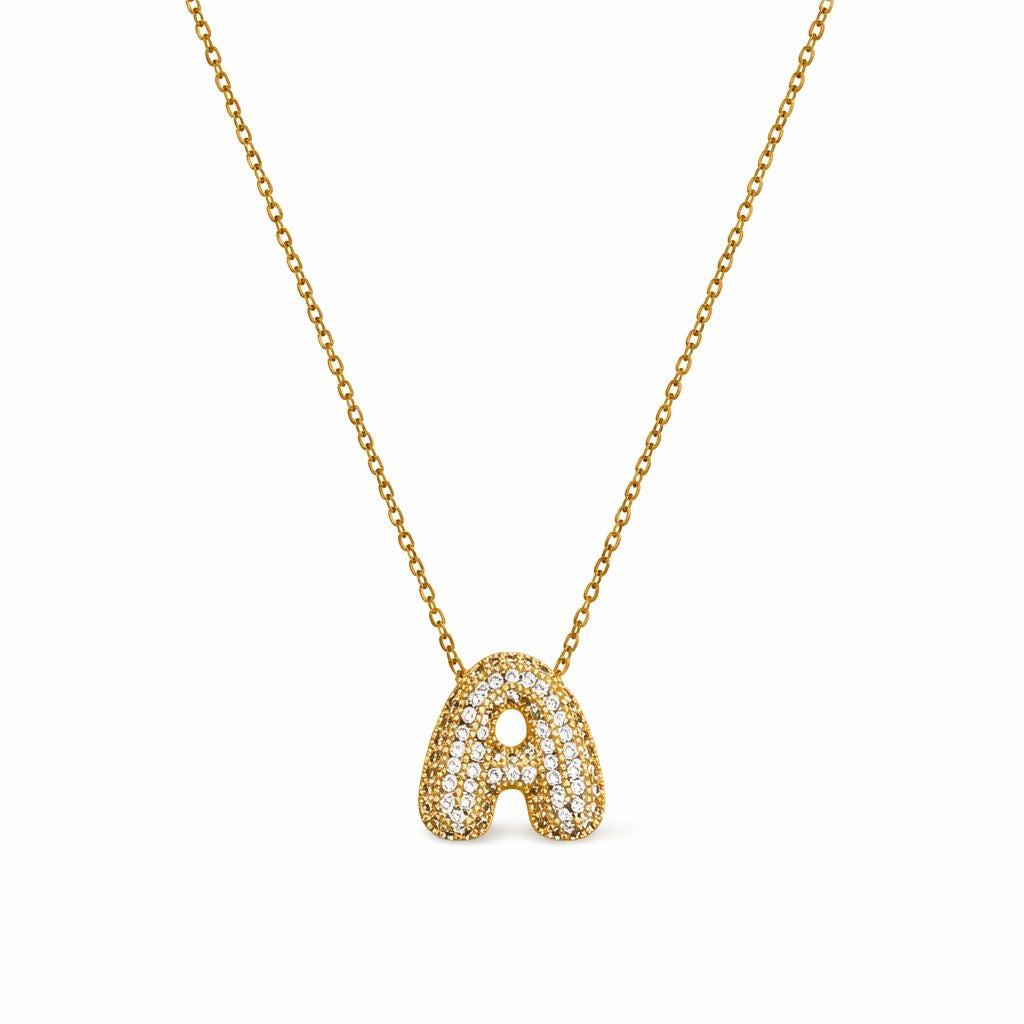 Collana in Acciaio con Iniziale a Bolla e Zirconia – Ciondolo Lettera Alfabeto Brillante