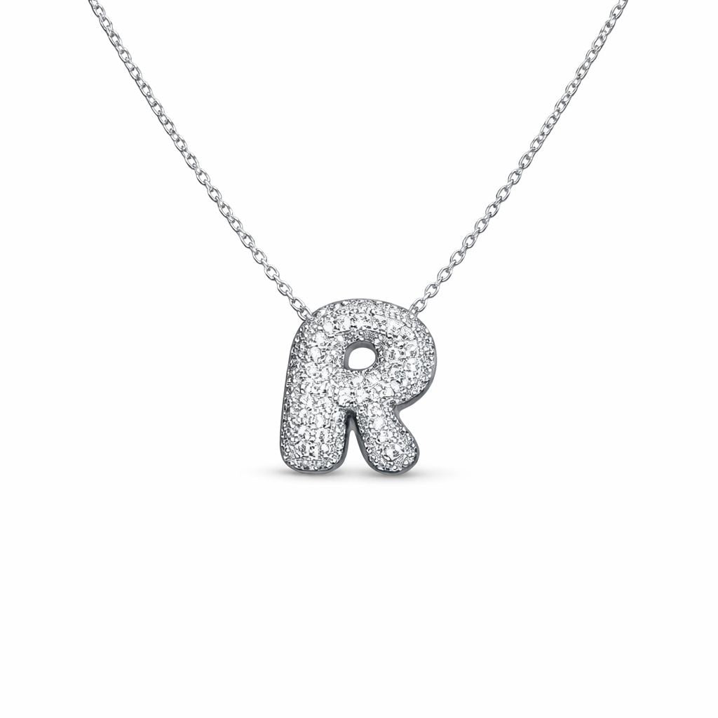 Collana in Acciaio con Iniziale a Bolla e Zirconia – Ciondolo Lettera Alfabeto Brillante