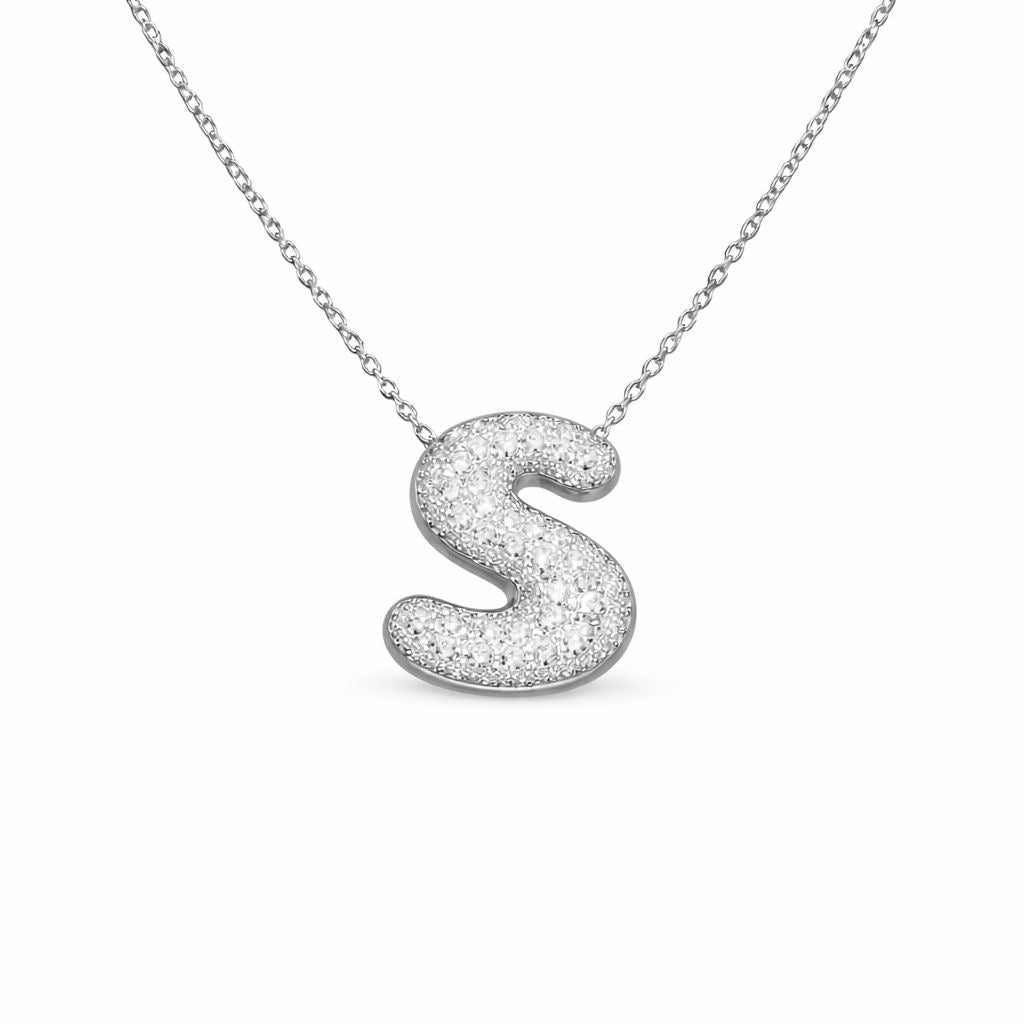 Collana in Acciaio con Iniziale a Bolla e Zirconia – Ciondolo Lettera Alfabeto Brillante