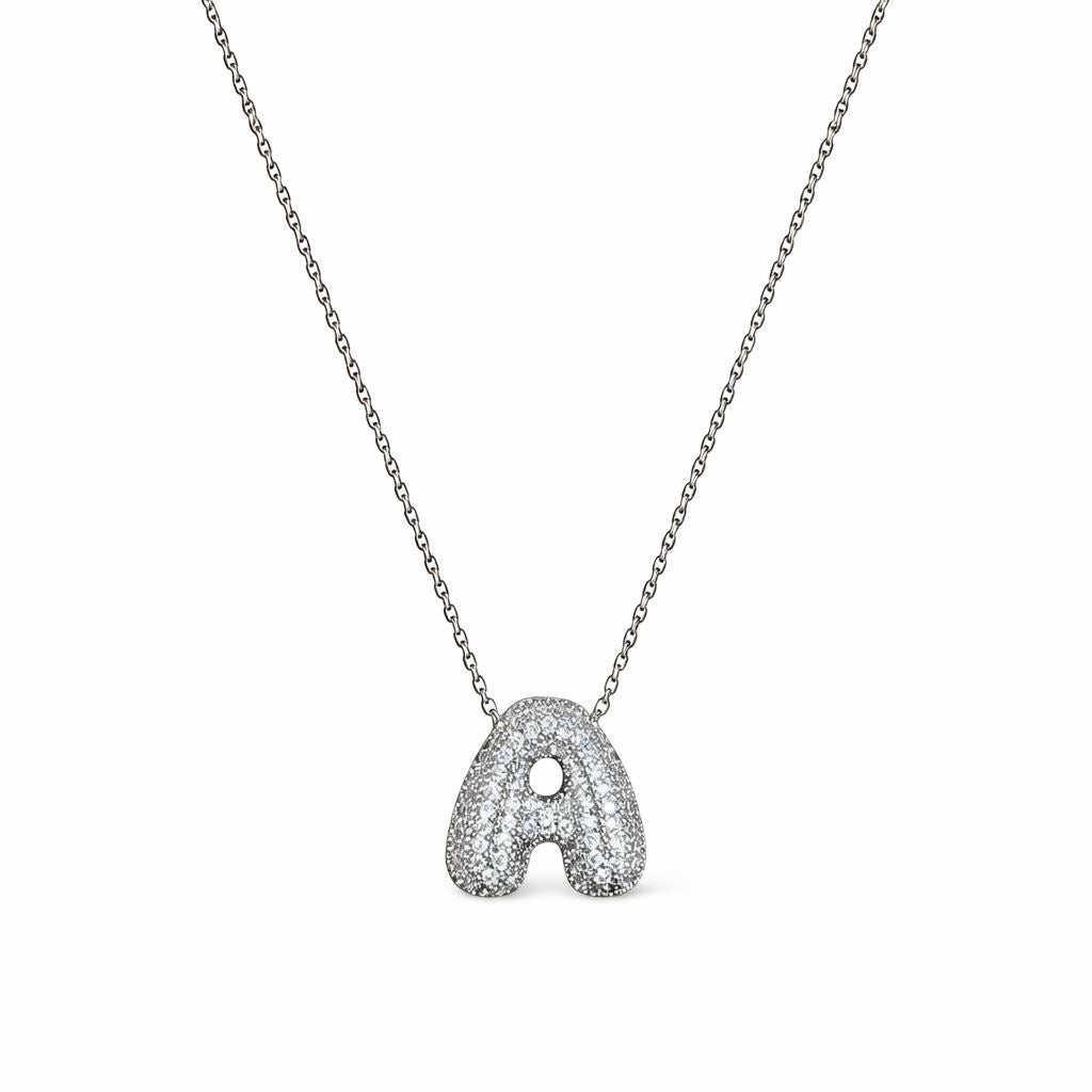 Collana in Acciaio con Iniziale a Bolla e Zirconia – Ciondolo Lettera Alfabeto Brillante