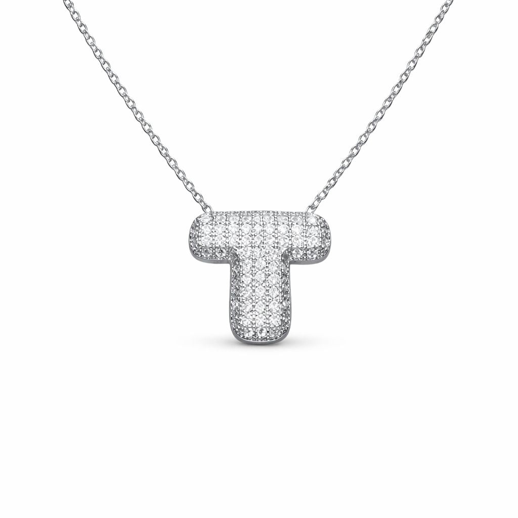 Collana in Acciaio con Iniziale a Bolla e Zirconia – Ciondolo Lettera Alfabeto Brillante