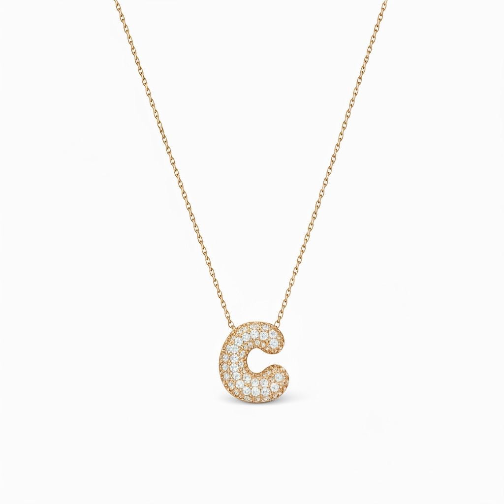 Collana in Acciaio con Iniziale a Bolla e Zirconia – Ciondolo Lettera Alfabeto Brillante