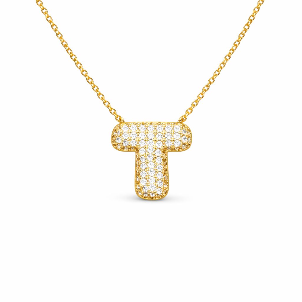Collana in Acciaio con Iniziale a Bolla e Zirconia – Ciondolo Lettera Alfabeto Brillante