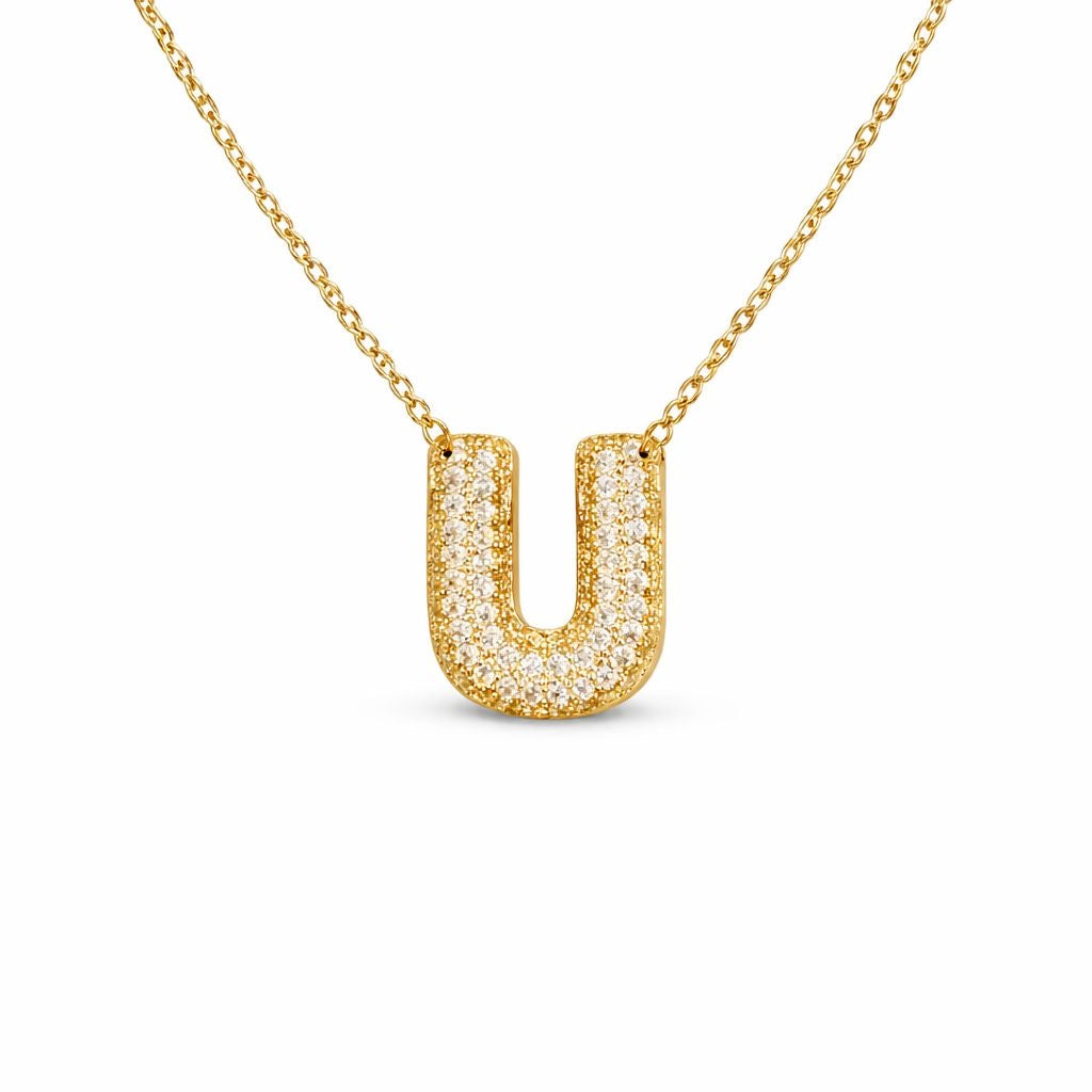 Collana in Acciaio con Iniziale a Bolla e Zirconia – Ciondolo Lettera Alfabeto Brillante