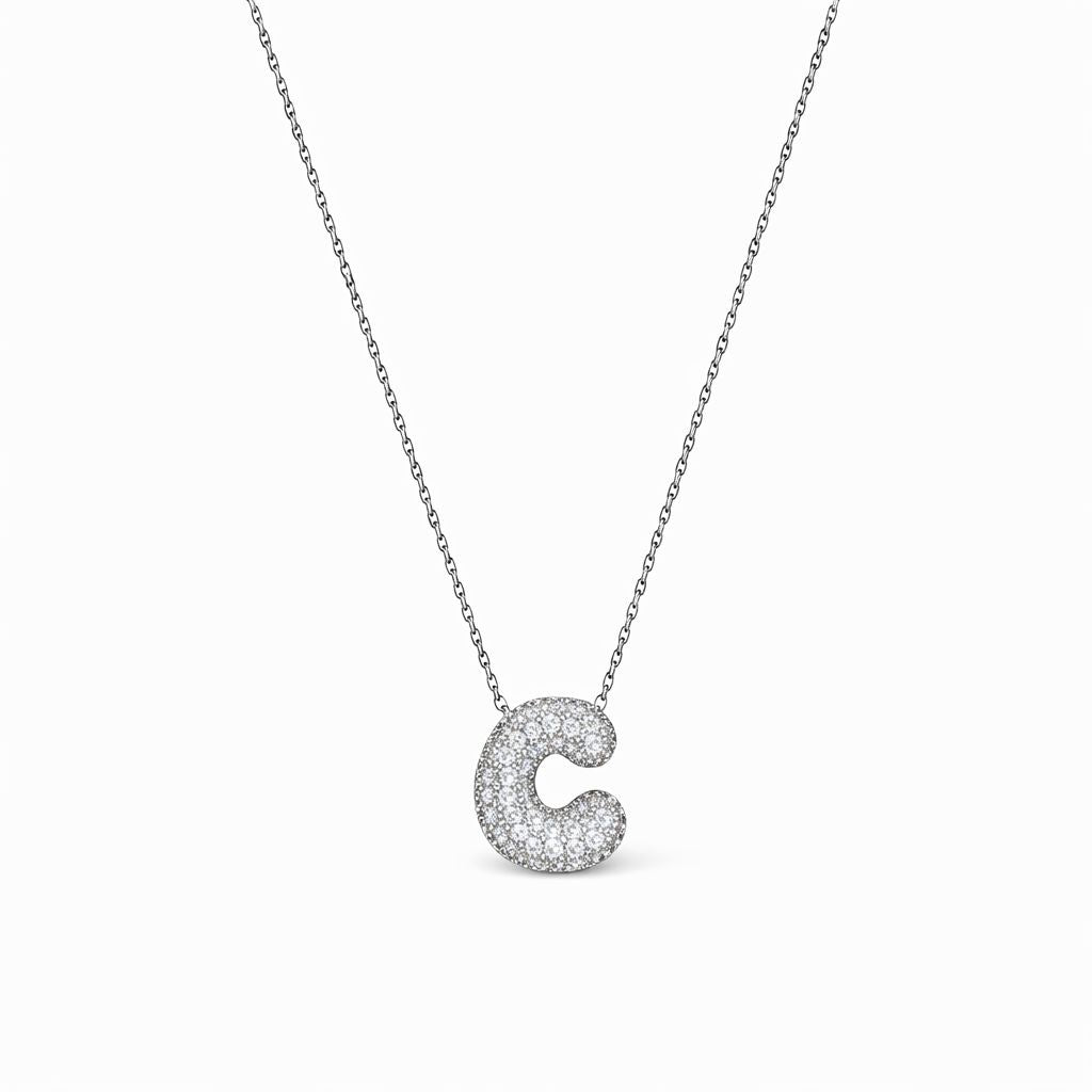 Collana in Acciaio con Iniziale a Bolla e Zirconia – Ciondolo Lettera Alfabeto Brillante