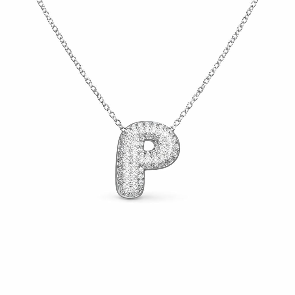 Collana in Acciaio con Iniziale a Bolla e Zirconia – Ciondolo Lettera Alfabeto Brillante