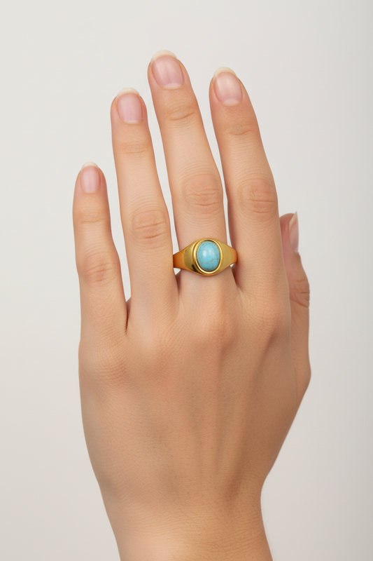 Anello in Acciaio Dorato con Pietra Naturale