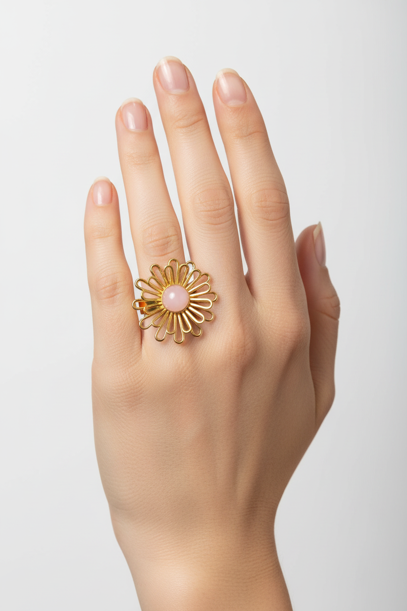 Anello in Acciaio Dorato con Pietra Naturale