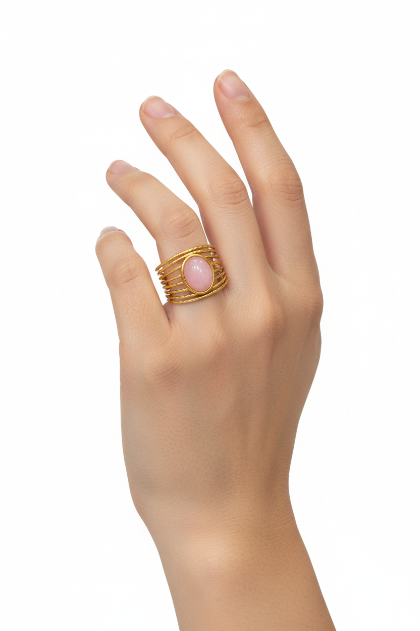 Anello in Acciaio Dorato con Pietra Naturale
