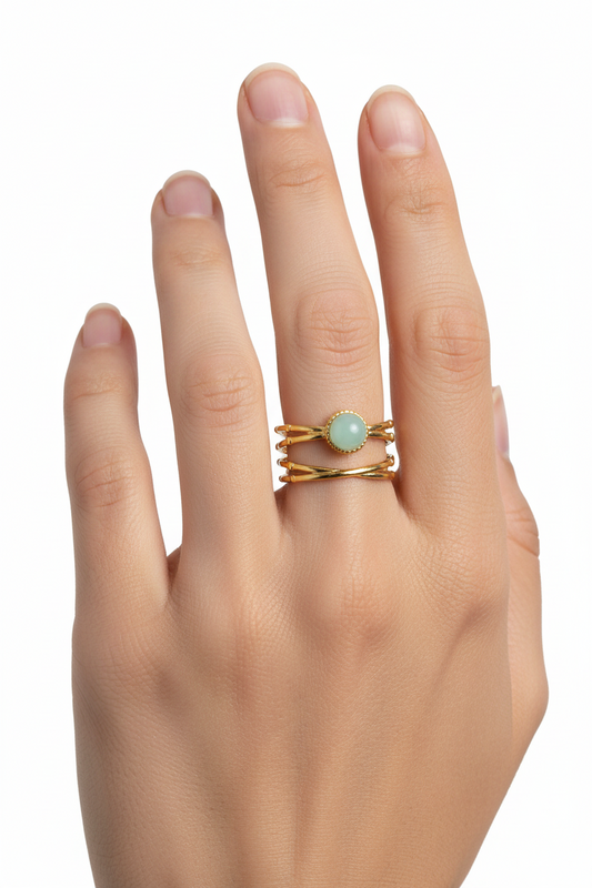 Anello in Acciaio Dorato con Pietra Naturale