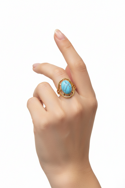 Anello in Acciaio Dorato con Pietra Naturale
