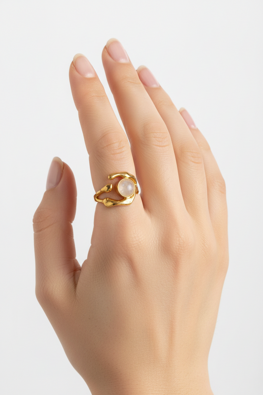 Anello in Acciaio Dorato con Pietra Naturale