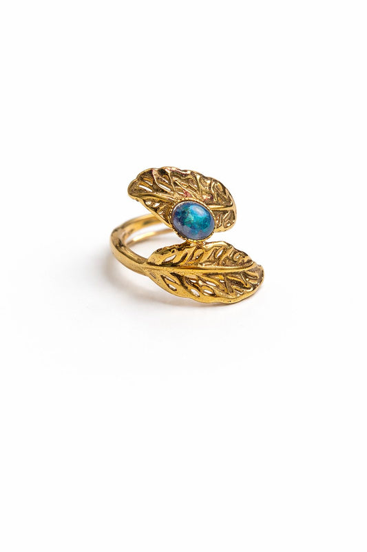 Anello in Acciaio Dorato con Pietra Naturale Foglie