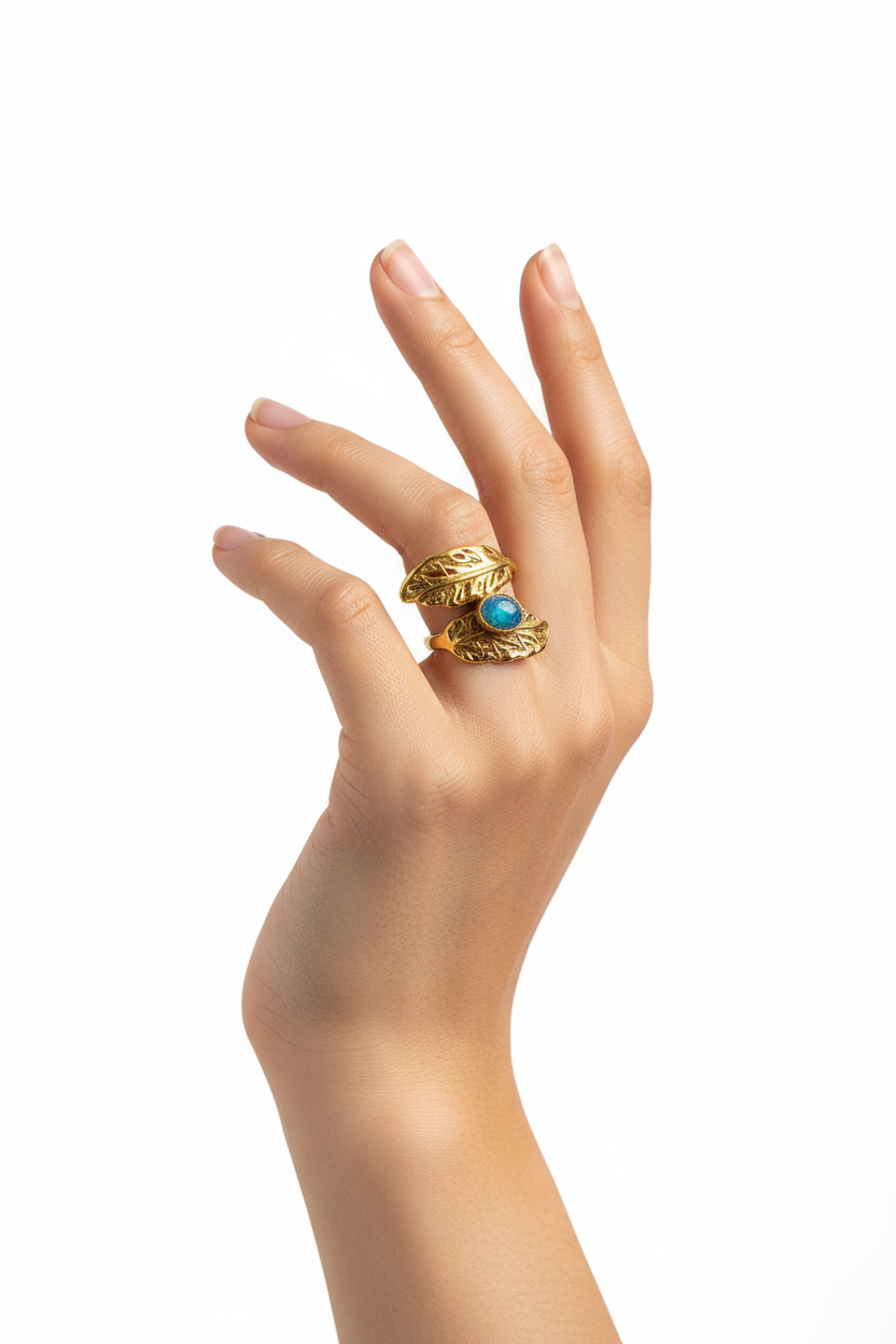 Anello in Acciaio Dorato con Pietra Naturale Foglie