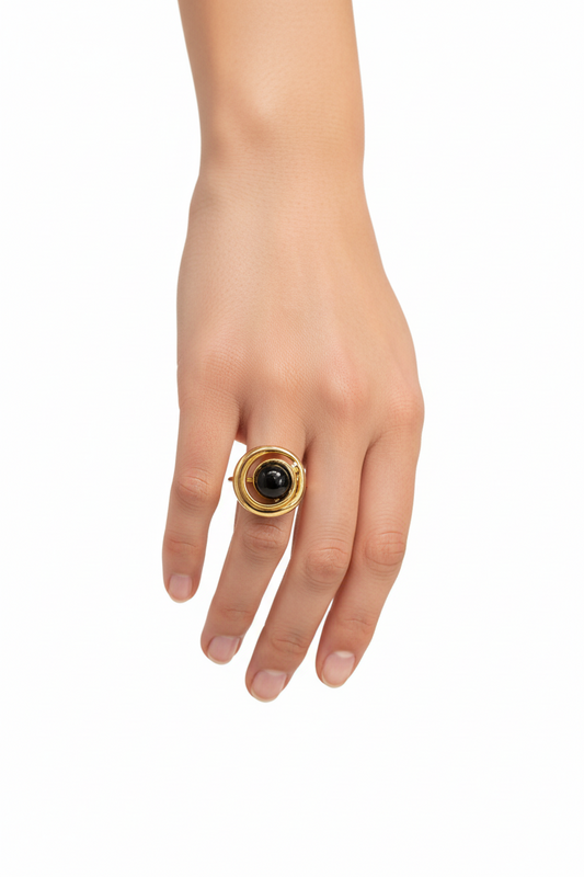 Anello in Acciaio Dorato con Pietra Naturale