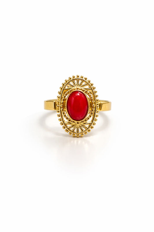 Anello in Acciaio Dorato con Pietra Naturale Rosso