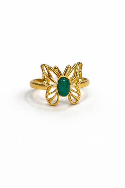 Anello in Acciaio Dorato con Pietra Naturale Verde Farfalla