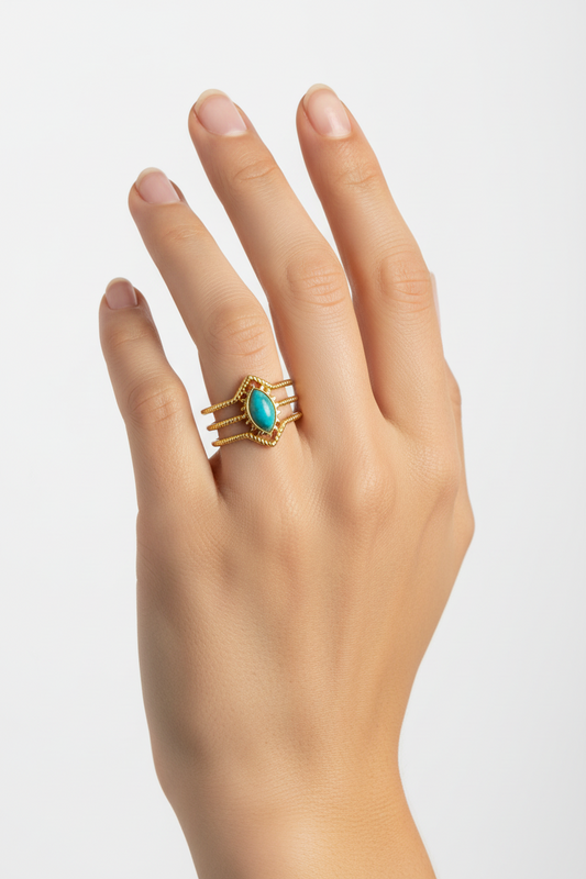 Anello in Acciaio Dorato con Pietra Naturale