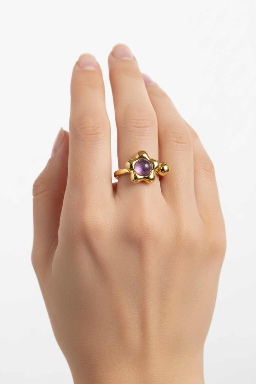 Anello in Acciaio Dorato con Pietra Naturale