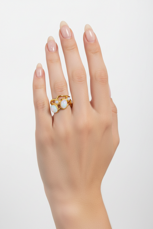 Anello in Acciaio Dorato con Pietra Naturale