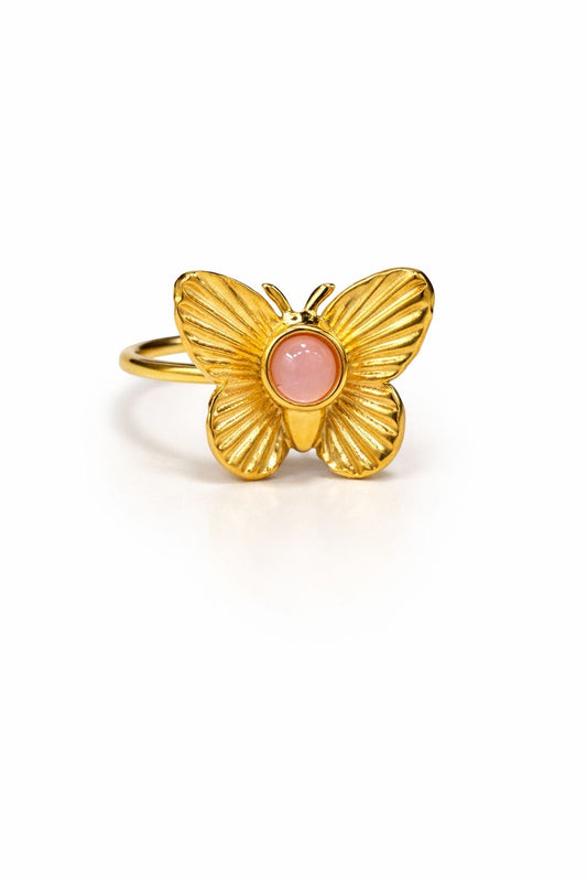 Anello in Acciaio Dorato con Pietra Naturale