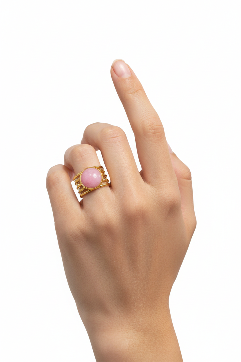 Anello in Acciaio Dorato con Pietra Naturale
