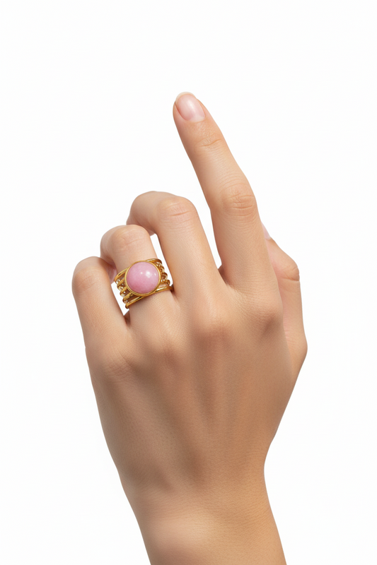 Anello in Acciaio Dorato con Pietra Naturale