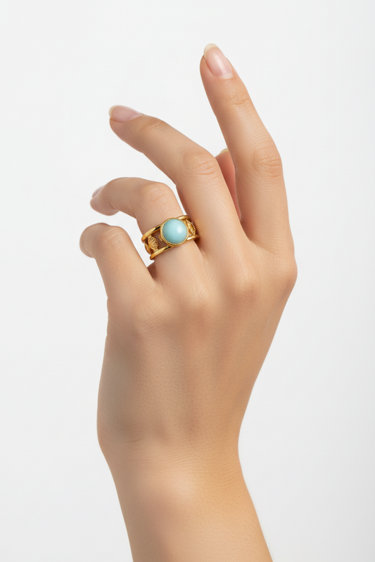 Anello in Acciaio Dorato con Pietra Naturale