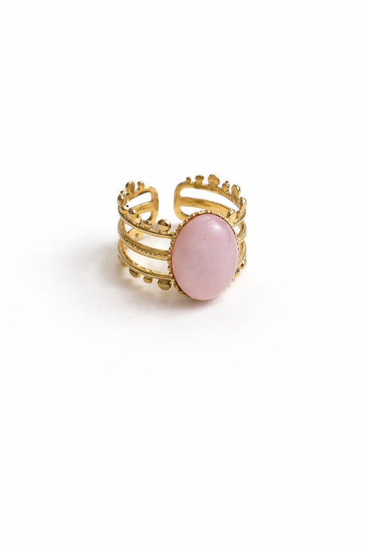 Anello in Acciaio Dorato con Pietra Naturale Rosa grande