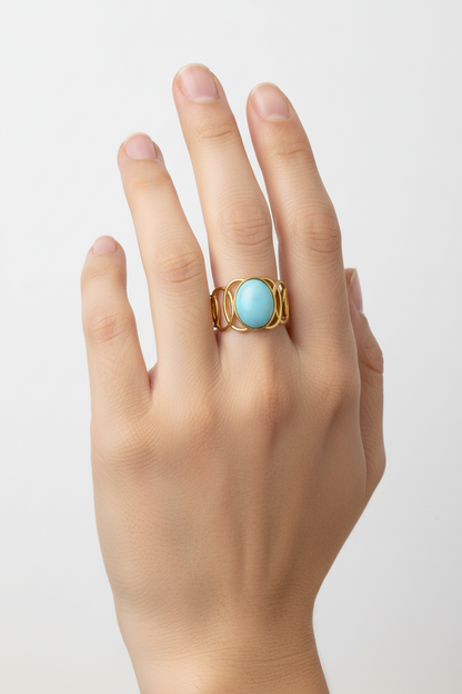 Anello in Acciaio Dorato con Pietra Naturale